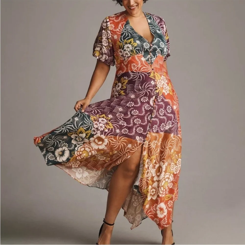 By Anthropologie V-Neck Flutter-Sleeve Buttoned Handkerchief Maxi Dress - Picture 10 of 17